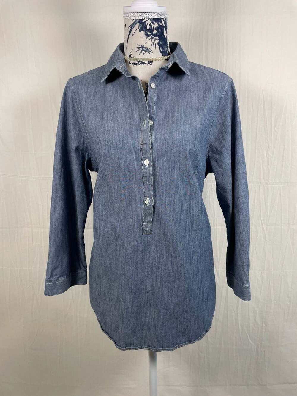 Lands' End Women's Blue Chambray Popover 3/4 Sleeve Tunic Shirt Size 14